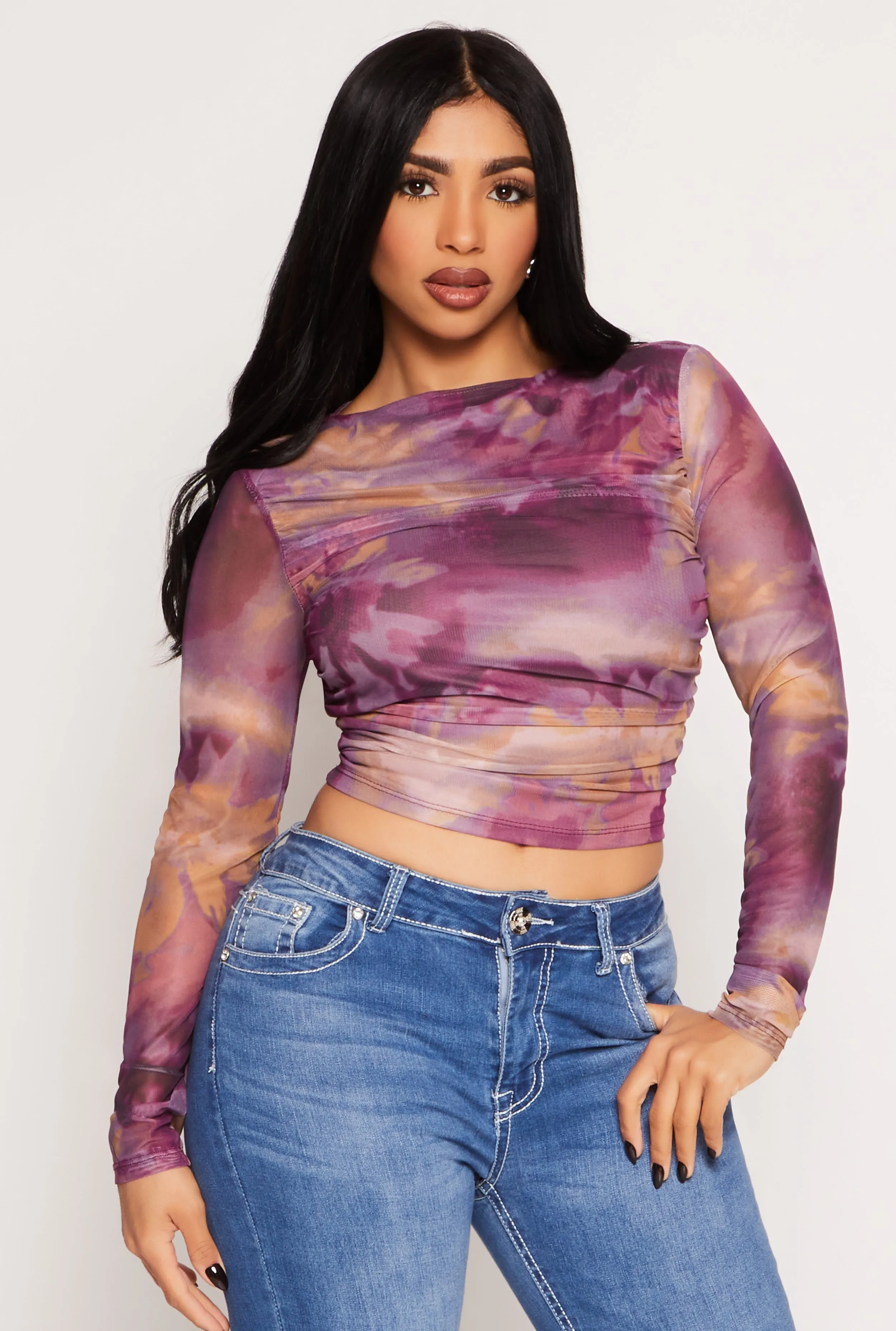 Mesh Abstract Floral Print Ruched Top sold by Rainbow
