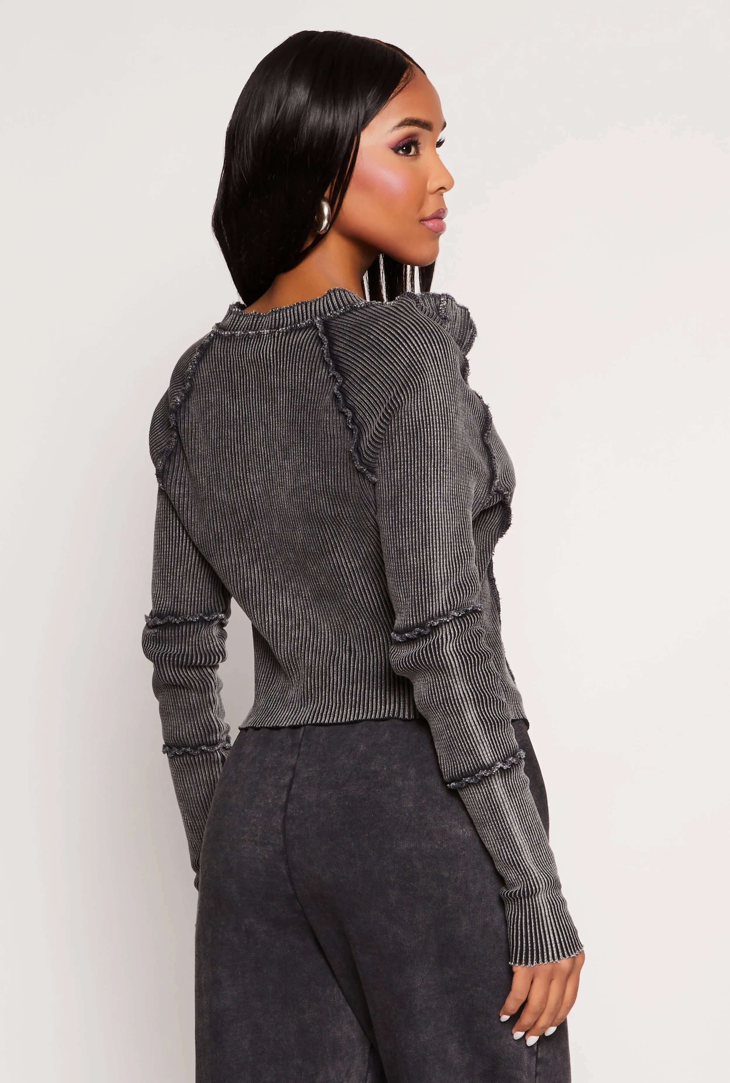 Ribbed Knit Acid Wash Zip Front Top sold by Rainbow product image thumbnail 3