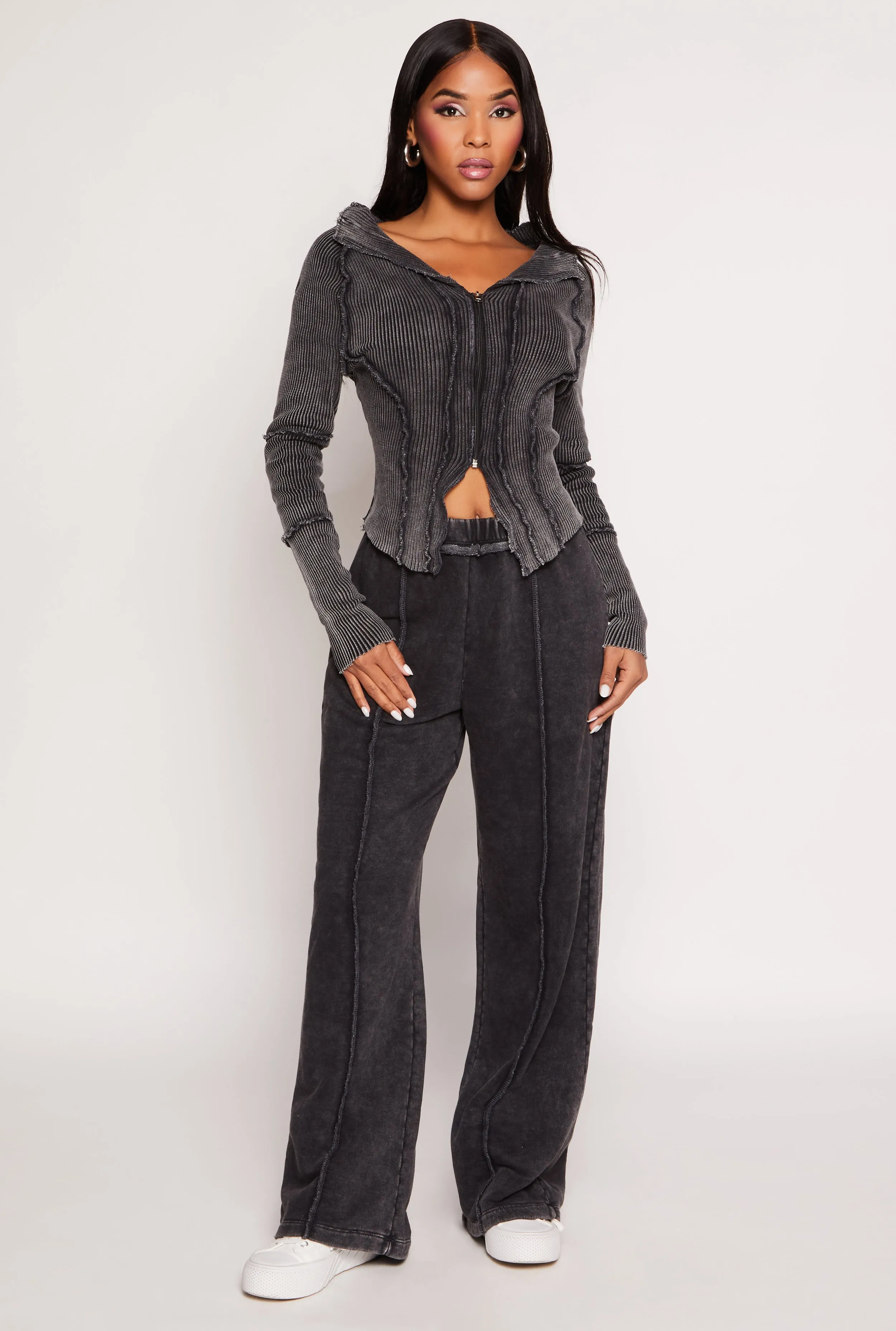 Ribbed Knit Acid Wash Zip Front Top sold by Rainbow product image thumbnail 2