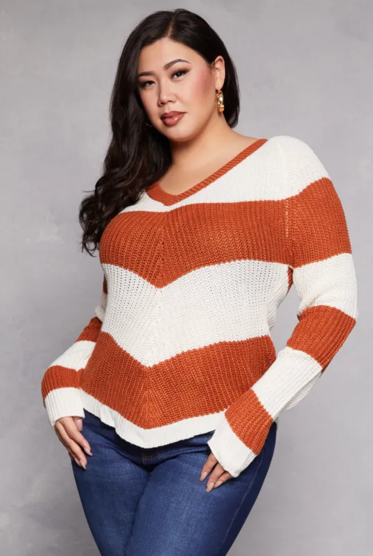 Plus Size Chevron Knit Lace Up V Neck Sweater sold by Rainbow