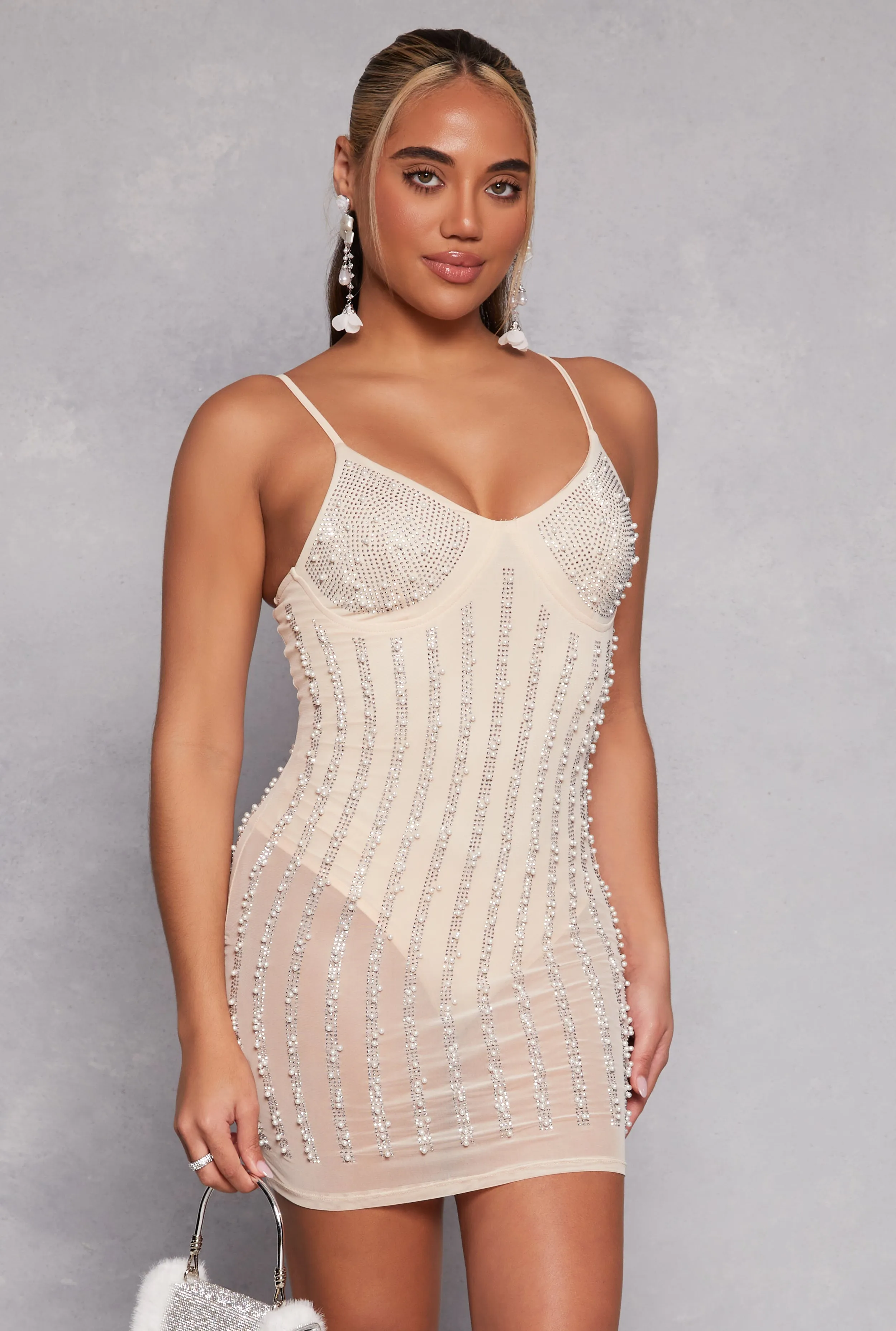 Mesh Rhinestone Faux Pearl Bustier Dress sold by Rainbow