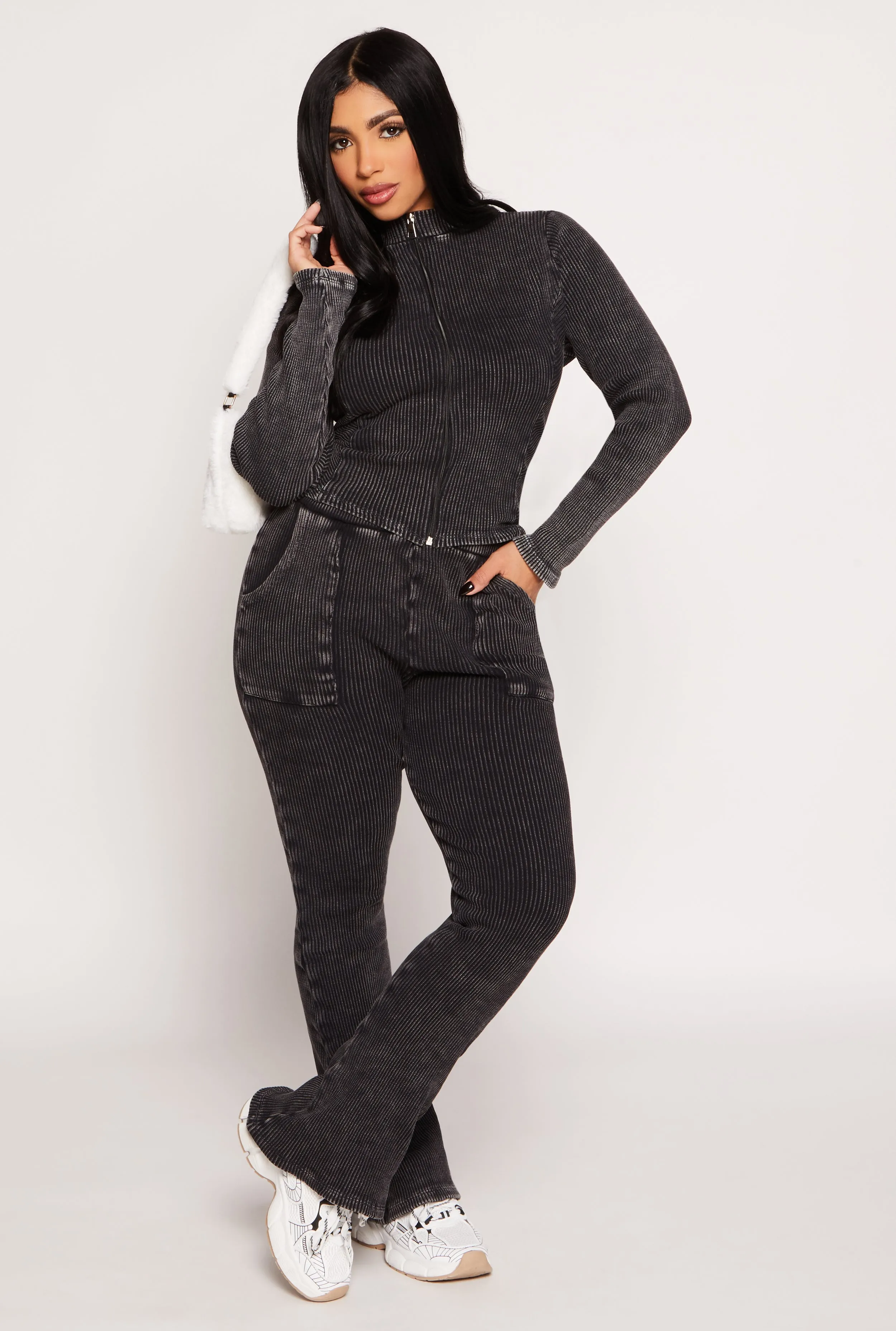 Acid Wash Rib Knit Zip Front Top sold by Rainbow product image thumbnail 2