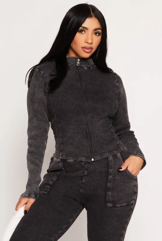 Acid Wash Rib Knit Zip Front Top sold by Rainbow