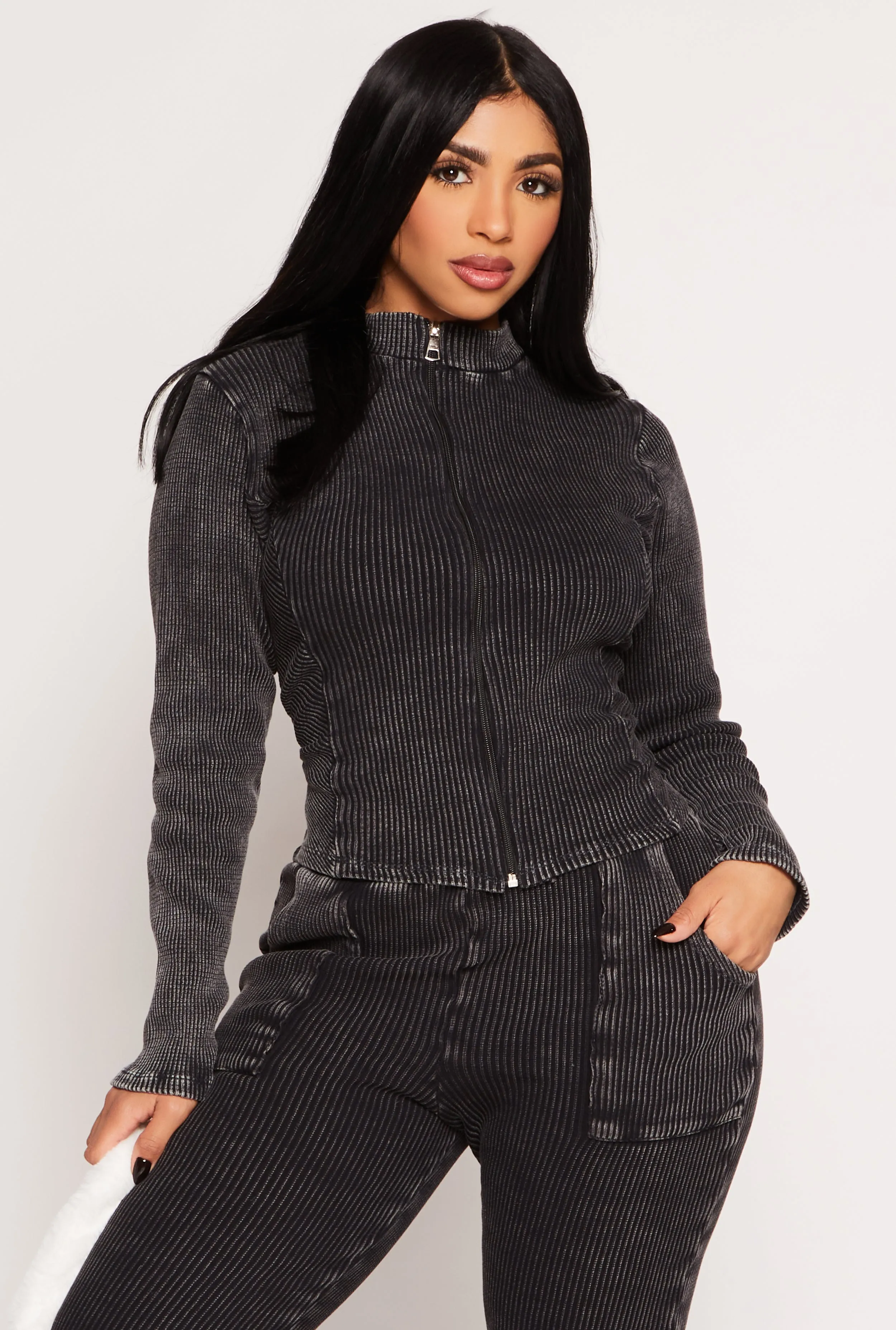 Acid Wash Rib Knit Zip Front Top sold by Rainbow