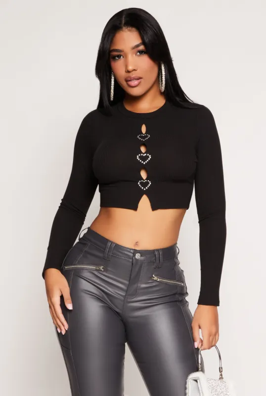 Rhinestone Heart Cut Out Crop Top sold by Rainbow