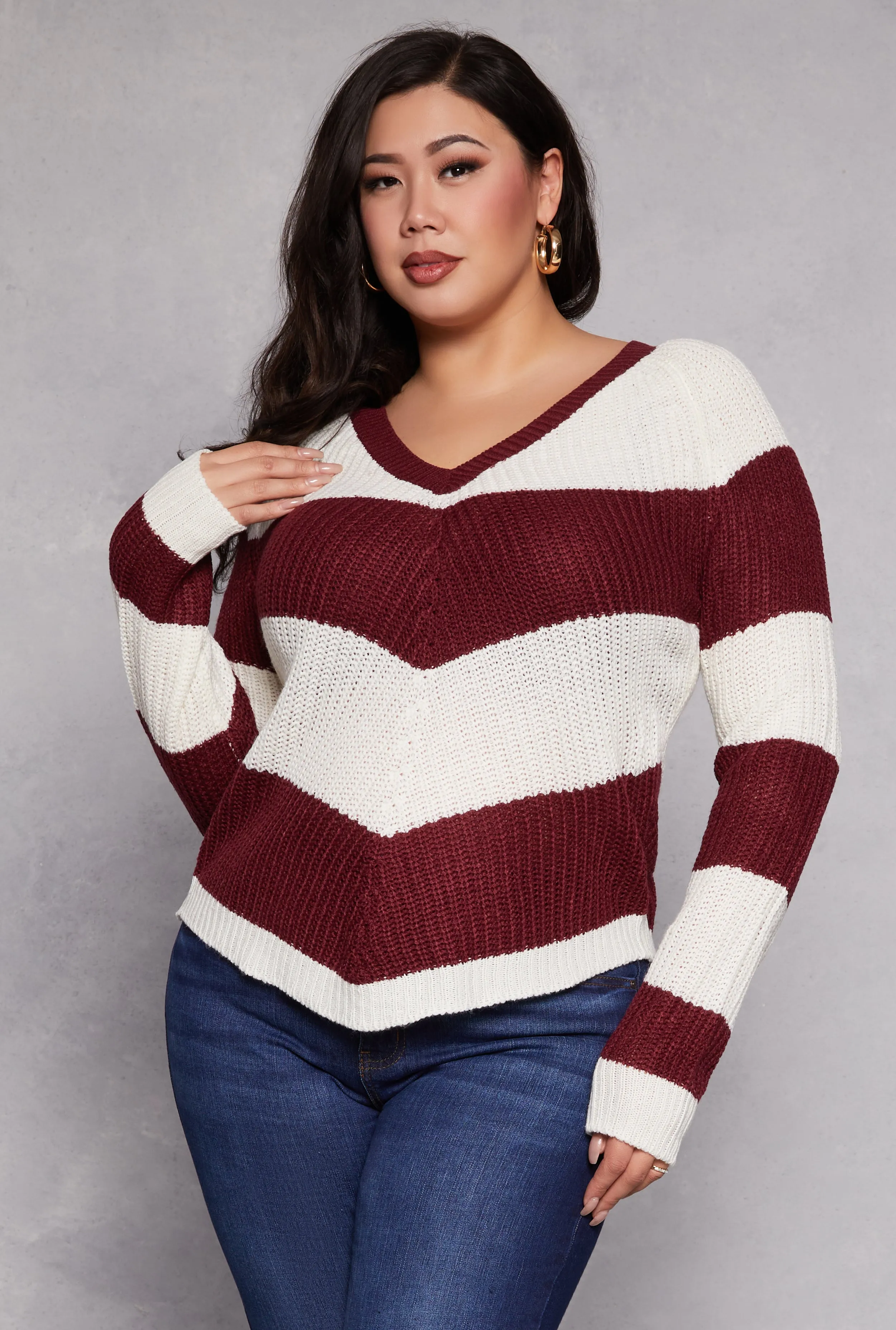 Plus Size Chevron Knit Lace Up V Neck Sweater sold by Rainbow