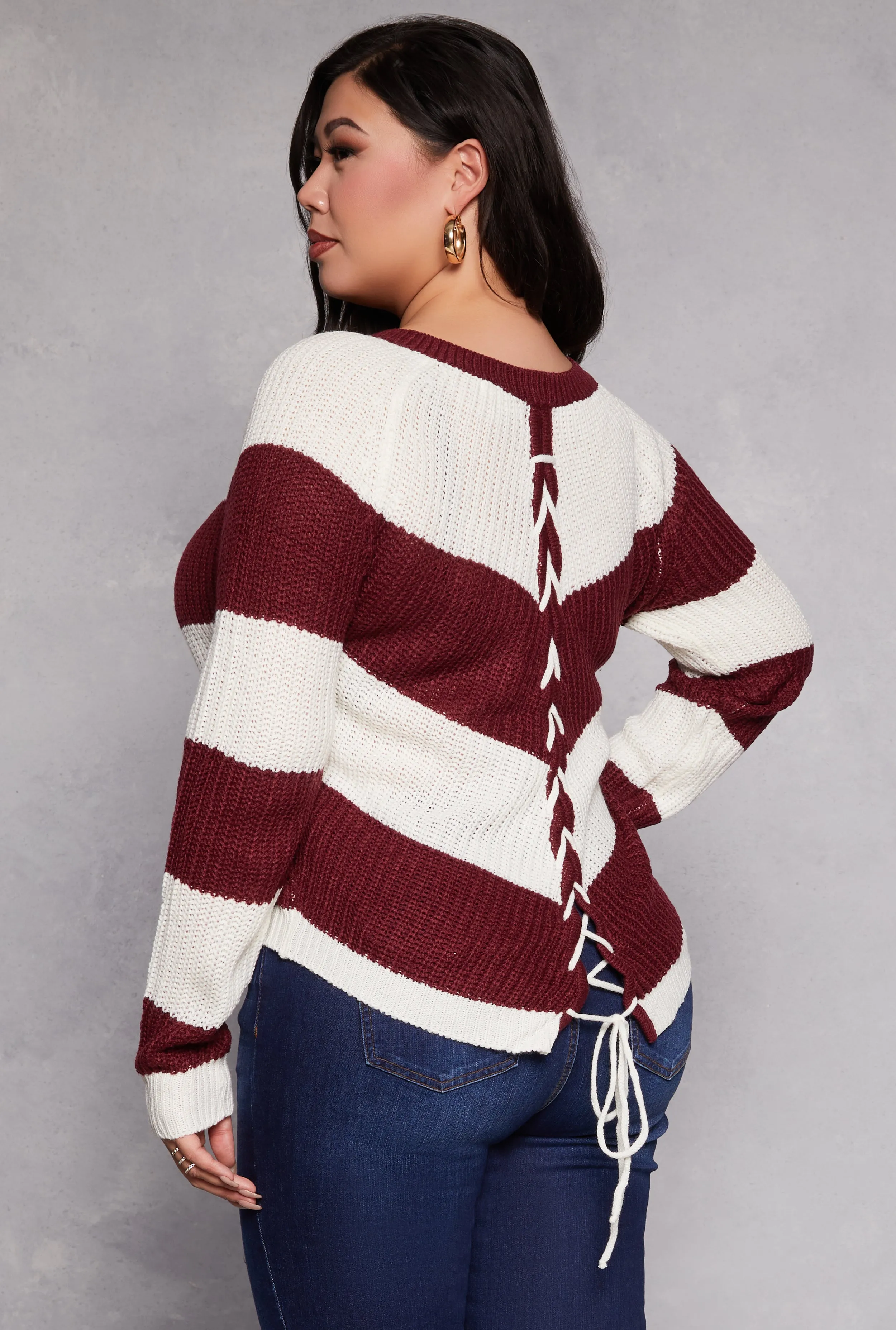 Plus Size Chevron Knit Lace Up V Neck Sweater sold by Rainbow product image thumbnail 3