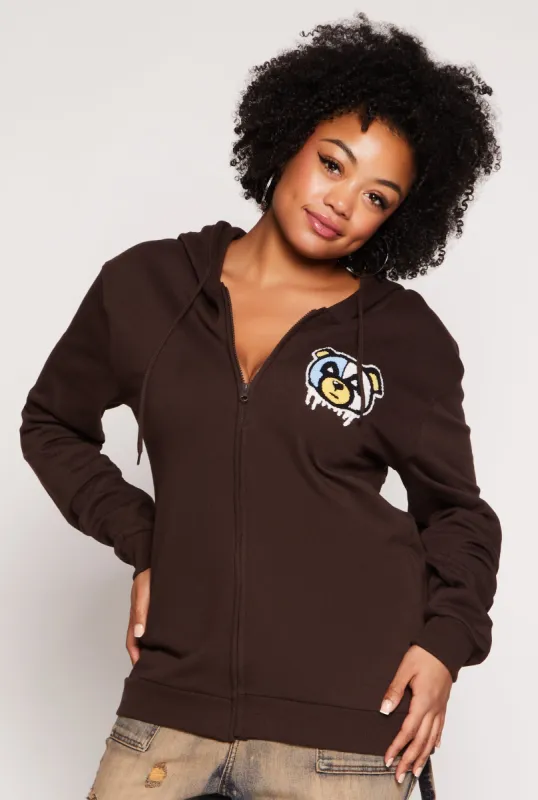 Plus Size Bear Chenille Graphic Zip Front Hoodie sold by Rainbow
