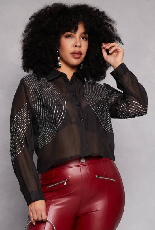 Plus Size Rhinestone Organza Top sold by Rainbow