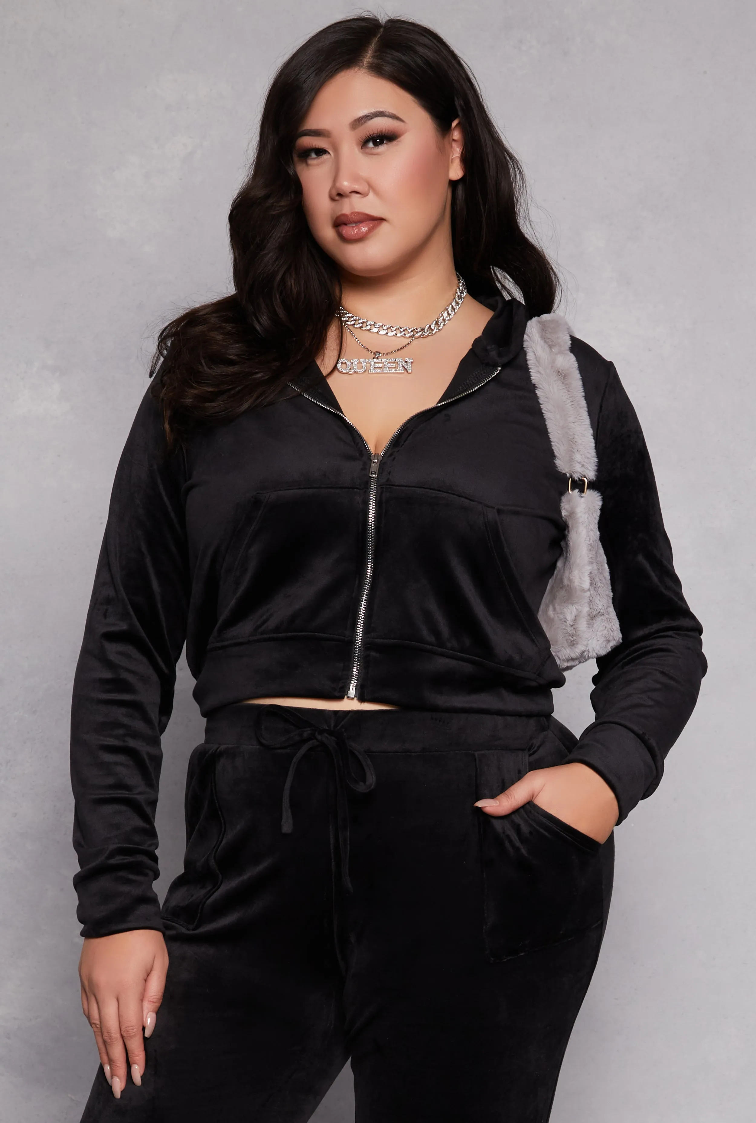 Plus Size Velour Front Zip Hoodie sold by Rainbow