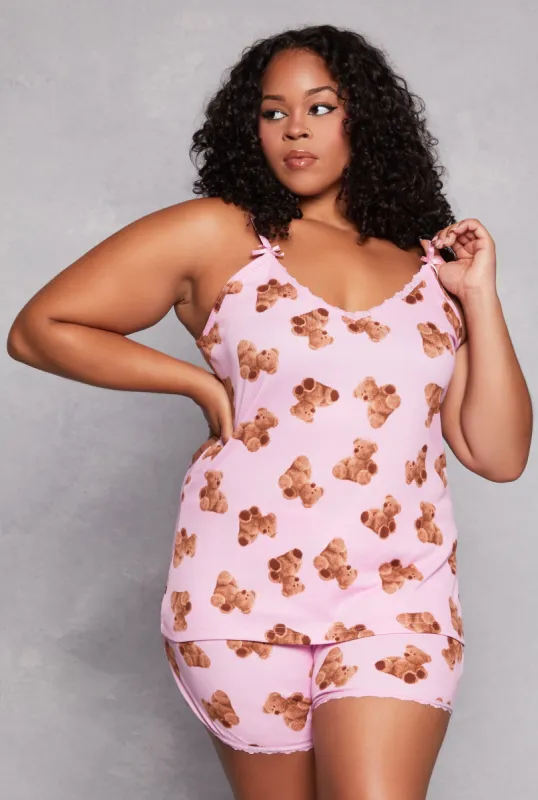 Plus Size Teddy Bear Print Pajama Cami Top and Shorts sold by Rainbow