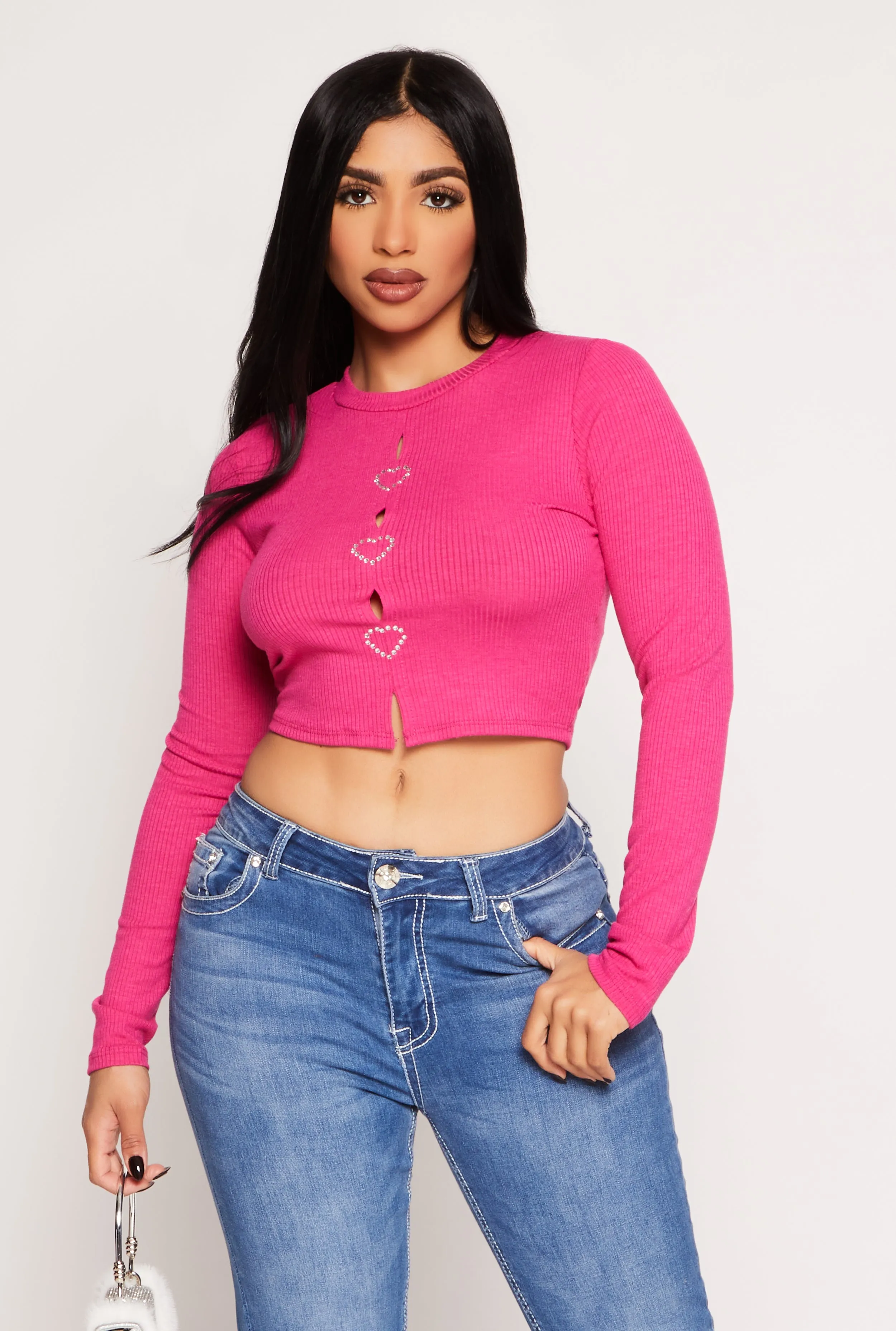 Rhinestone Heart Cut Out Crop Top sold by Rainbow