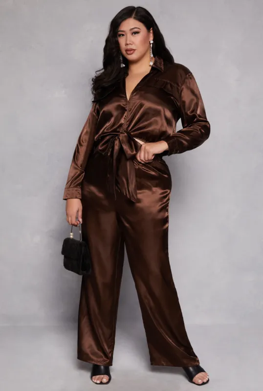 Plus Size Satin Crop Top and Pants Set sold by Rainbow