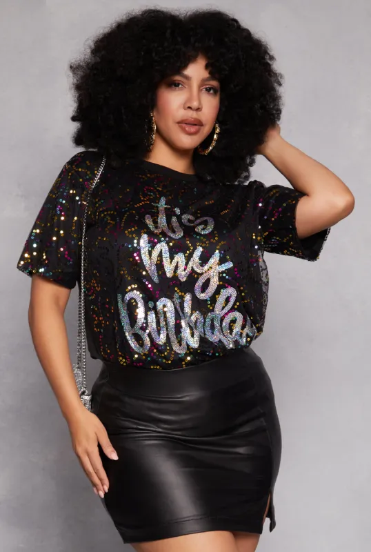 Plus Size Sequin Its My Birthday Top sold by Rainbow