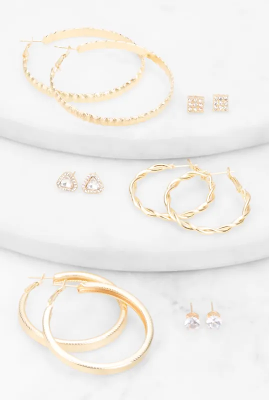 Cubic Zirconia Hoops and Stud Earrings Set of 6 sold by Rainbow