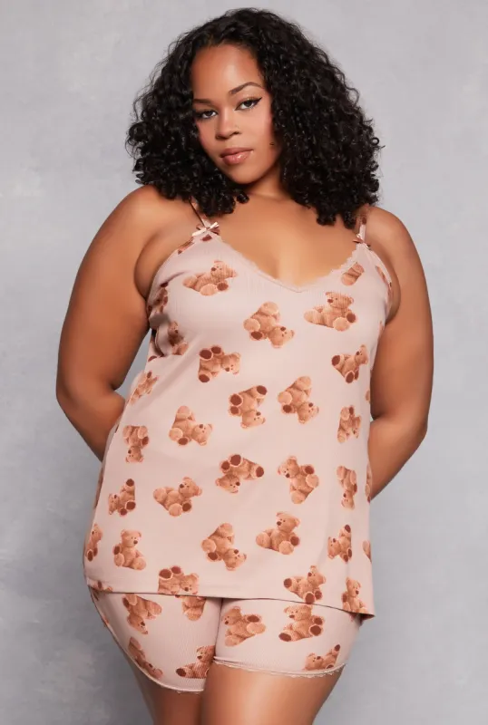 Plus Size Teddy Bear Print Pajama Cami Top and Shorts sold by Rainbow