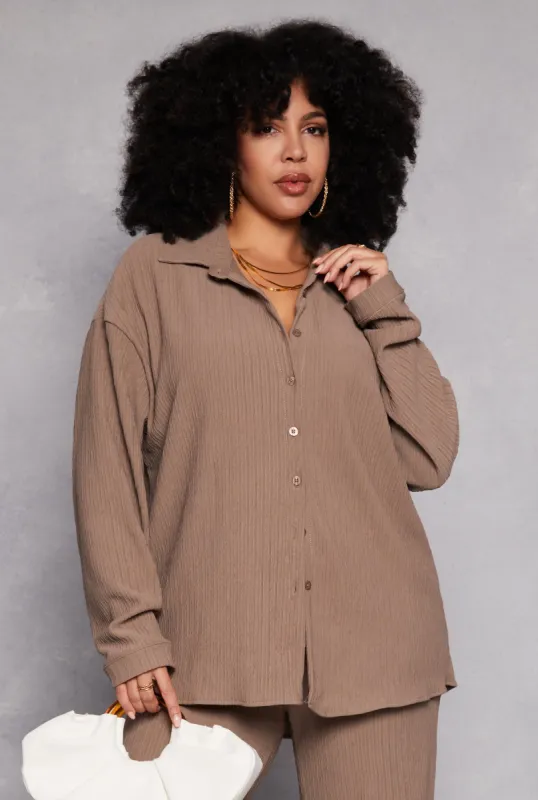 Plus Size Textured Knit Button Down Shirt sold by Rainbow