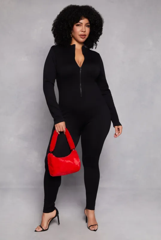 Plus Size Half Zip Long Sleeve Catsuit sold by Rainbow