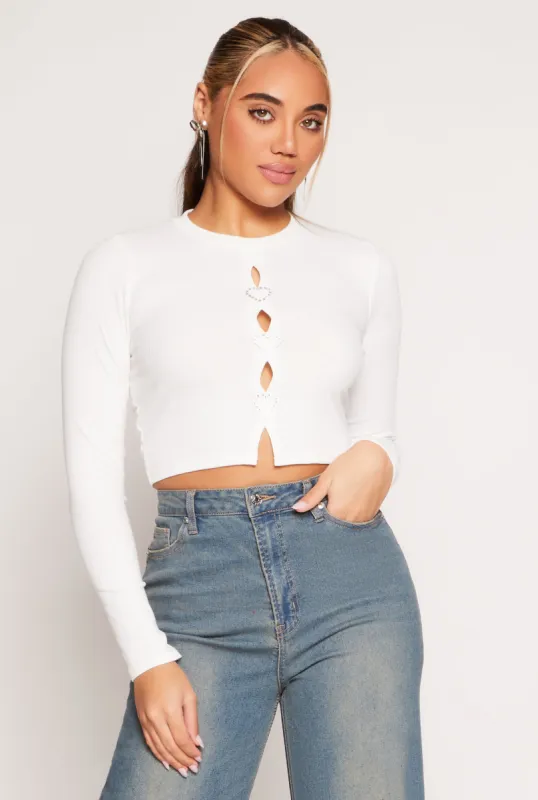 Rhinestone Heart Cut Out Crop Top sold by Rainbow