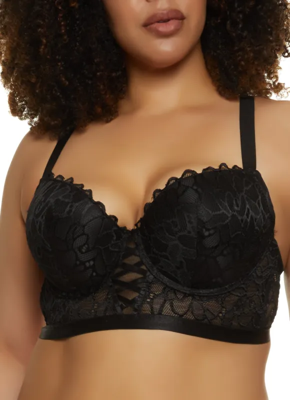 Plus Size Lace Caged Front Longline Plunge Bra sold by Rainbow