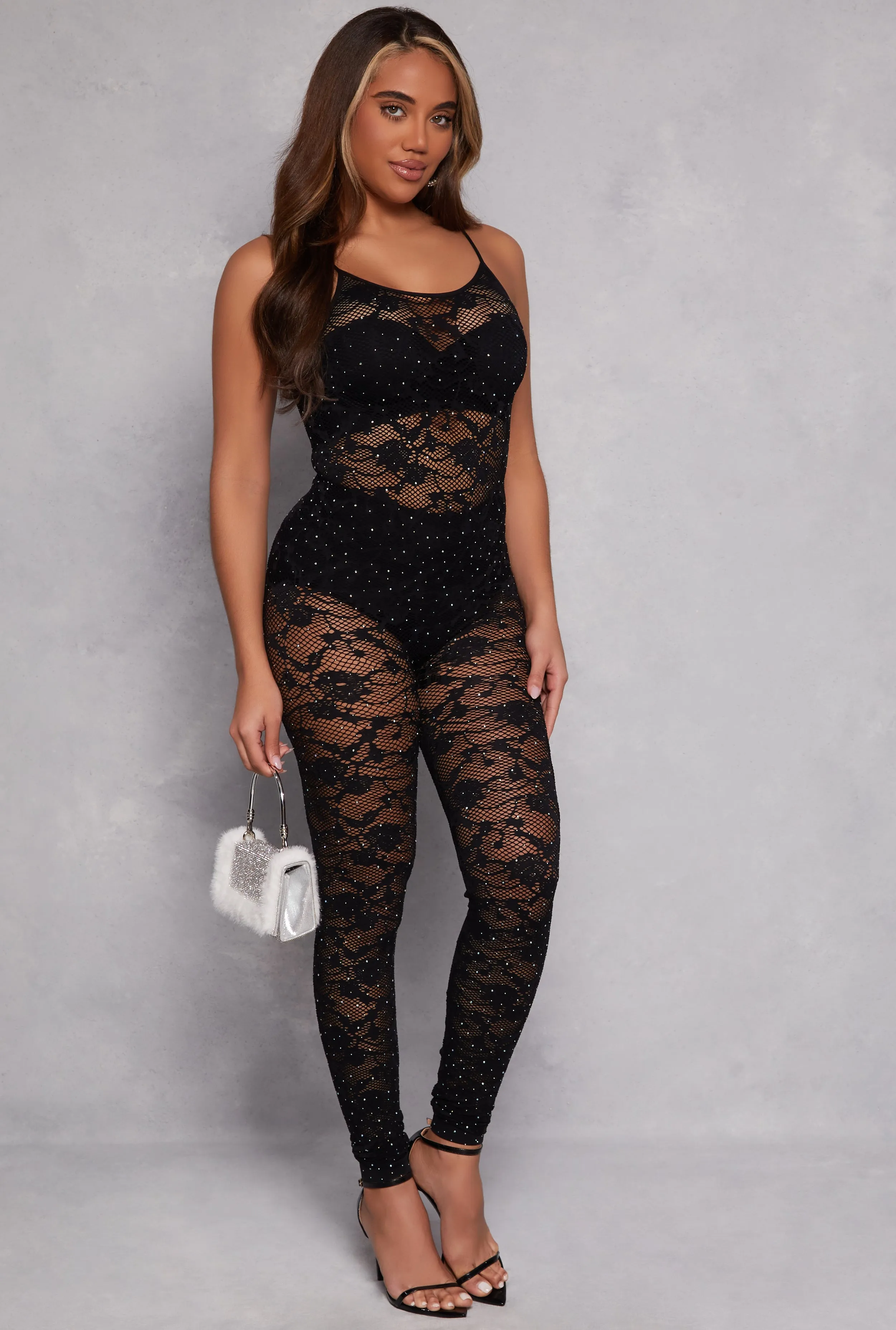 Laser Cut Rhinestone Studded Cami Catsuit sold by Rainbow product image thumbnail 2