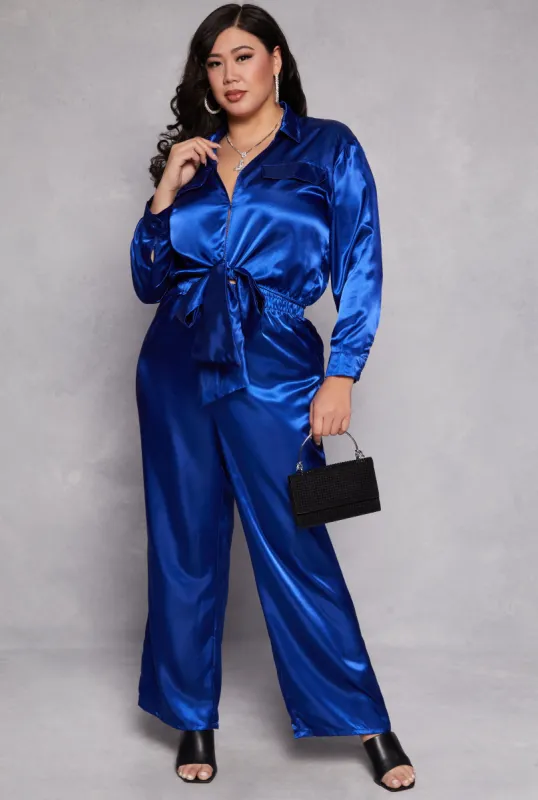 Plus Size Satin Crop Top and Pants Set sold by Rainbow