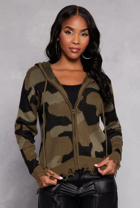 Distressed Camo Zip Front Hooded Sweater sold by Rainbow