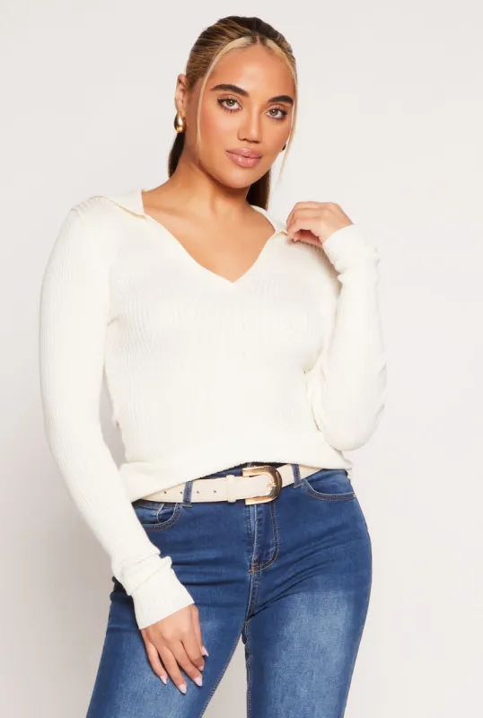 Ribbed Knit Johnny Collar Sweater sold by Rainbow