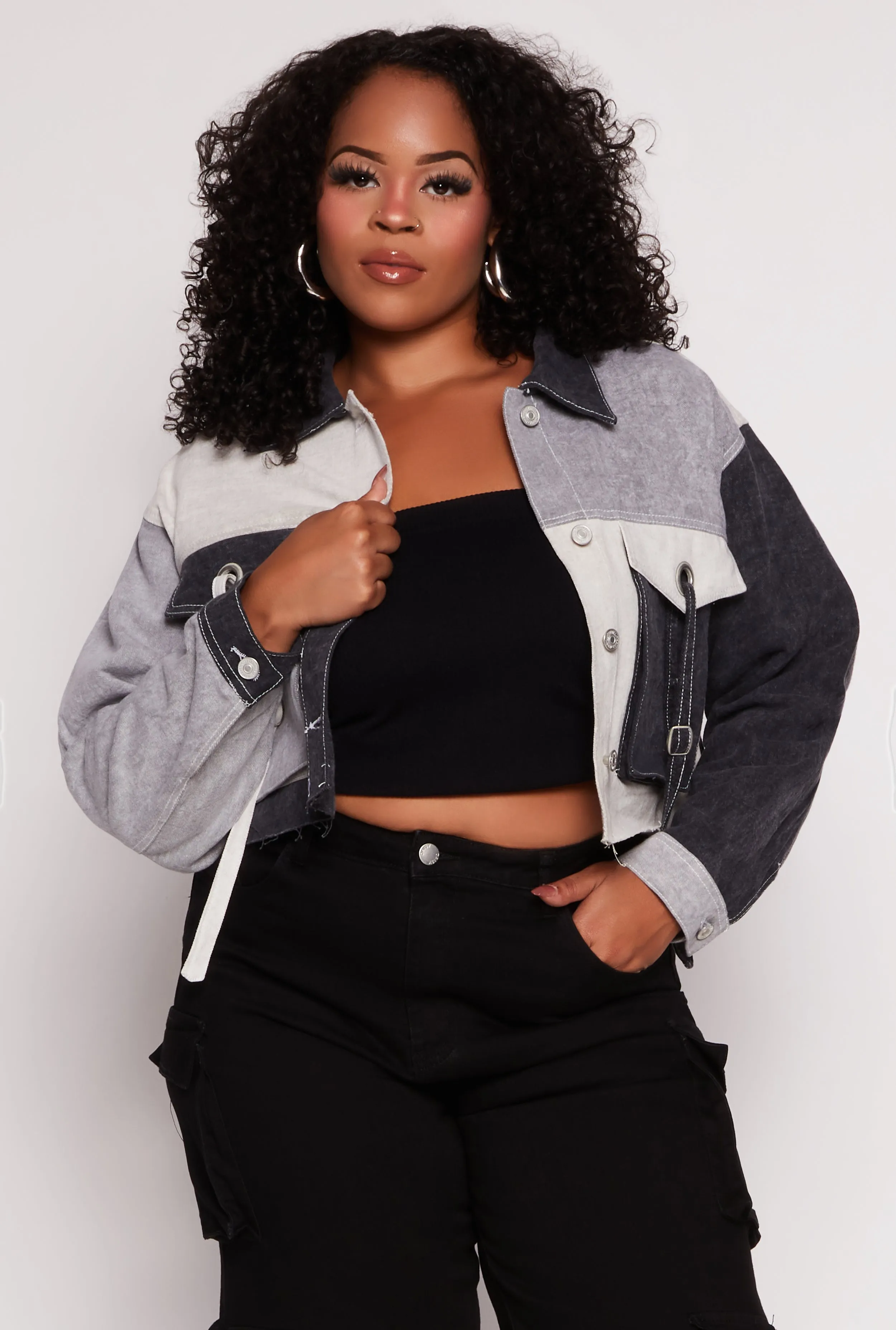 Plus Size Color Block Cropped Jean Jacket sold by Rainbow