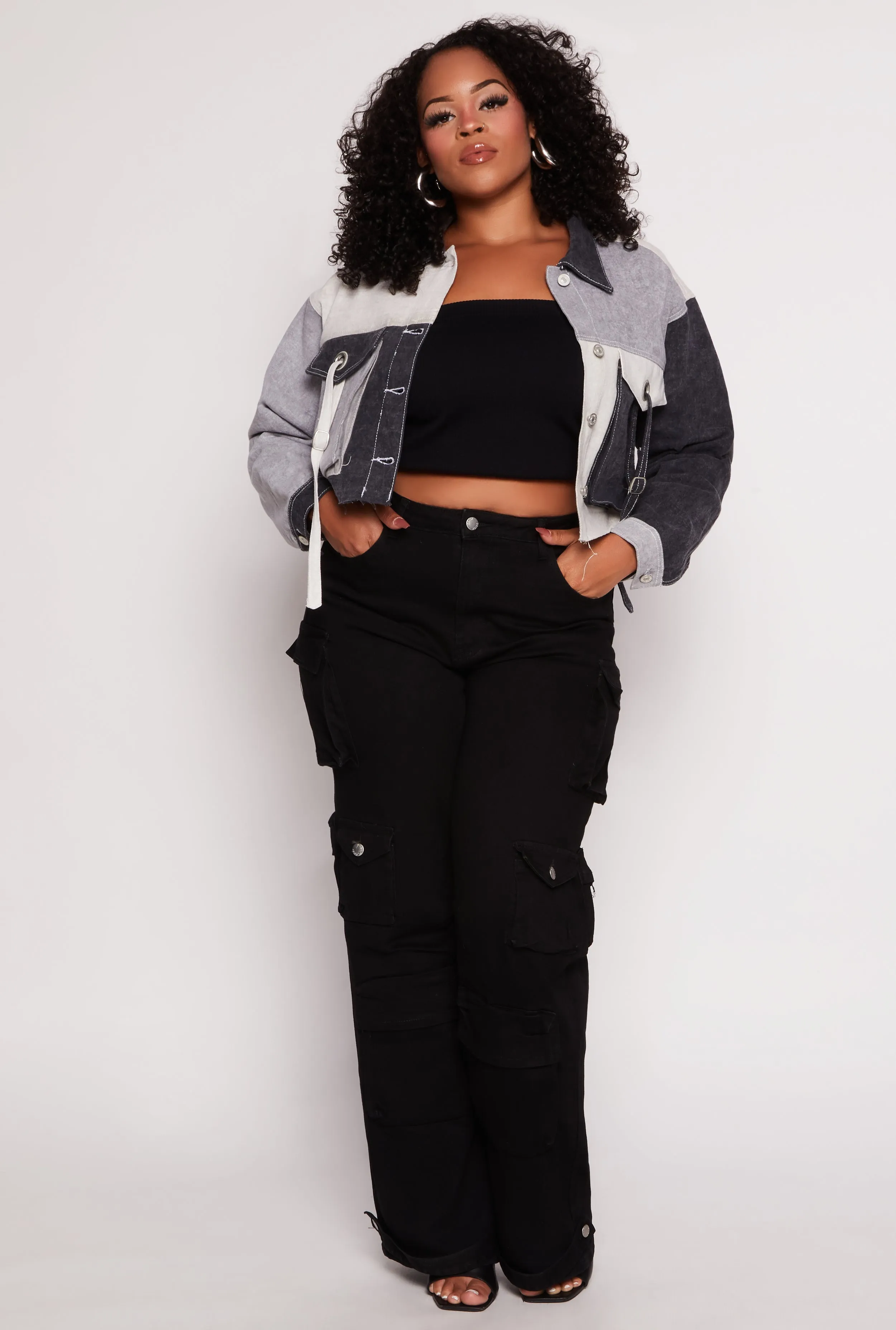 Plus Size Color Block Cropped Jean Jacket sold by Rainbow product image thumbnail 2