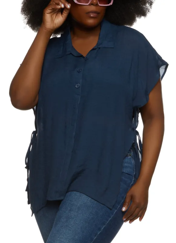 Plus Size Open Side Tie Button Front Top sold by Rainbow