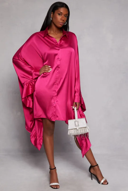 Satin Oversized Ruffled Batwing Shirt Dress sold by Rainbow