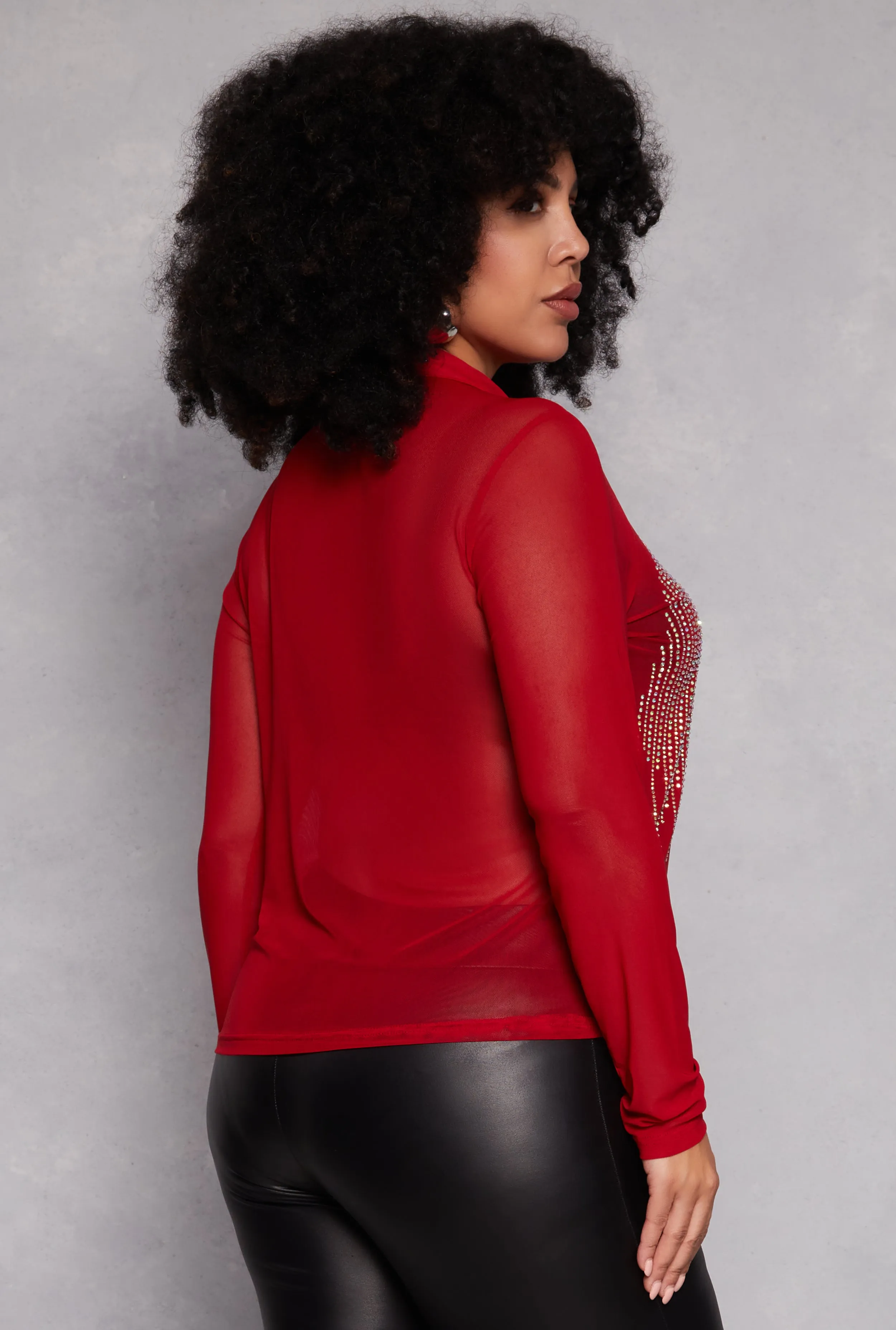 Plus Size Rhinestone Mesh Button Front Shirt sold by Rainbow product image thumbnail 3