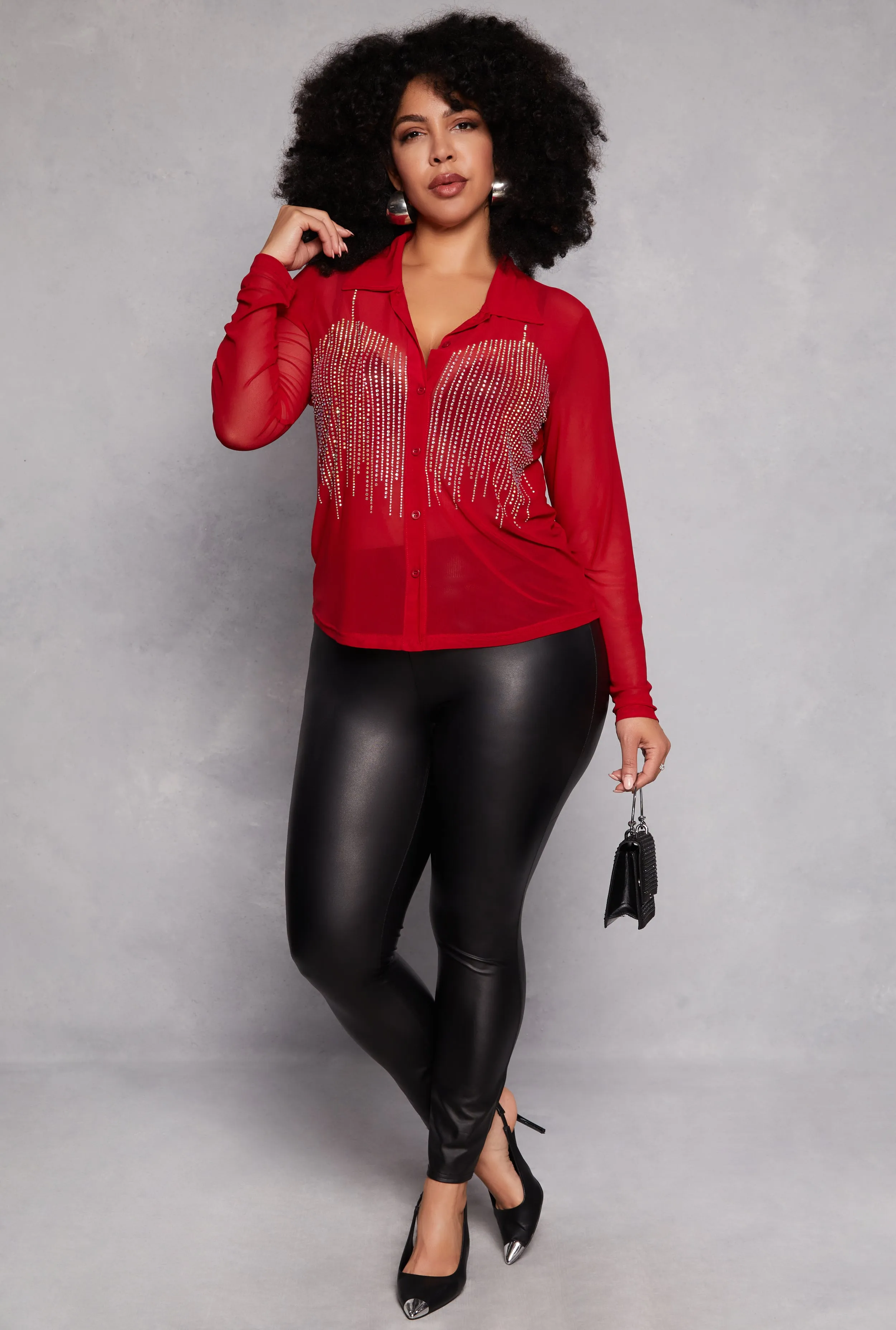 Plus Size Rhinestone Mesh Button Front Shirt sold by Rainbow product image thumbnail 2