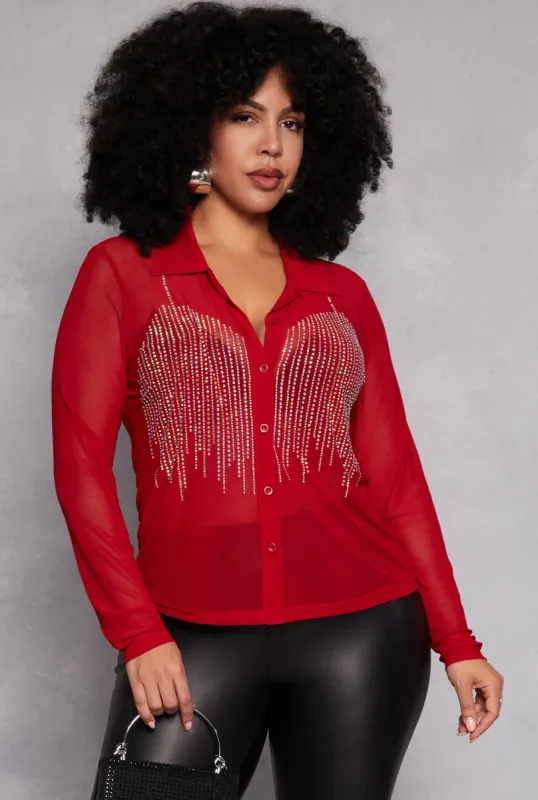 Plus Size Rhinestone Mesh Button Front Shirt sold by Rainbow