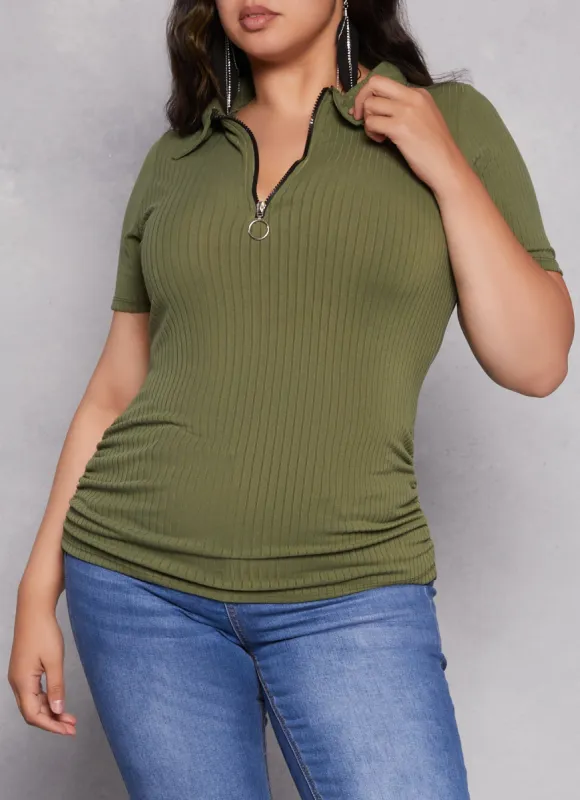 Plus Size Ruched Half Zip Polo Shirt sold by Rainbow