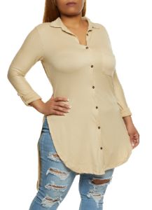 Plus Size Side Slit Button Front High Low Shirt sold by Rainbow