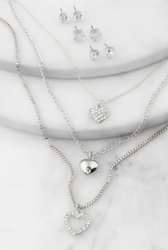 Heart Charm Layered Necklace with Stud Earring Trio sold by Rainbow
