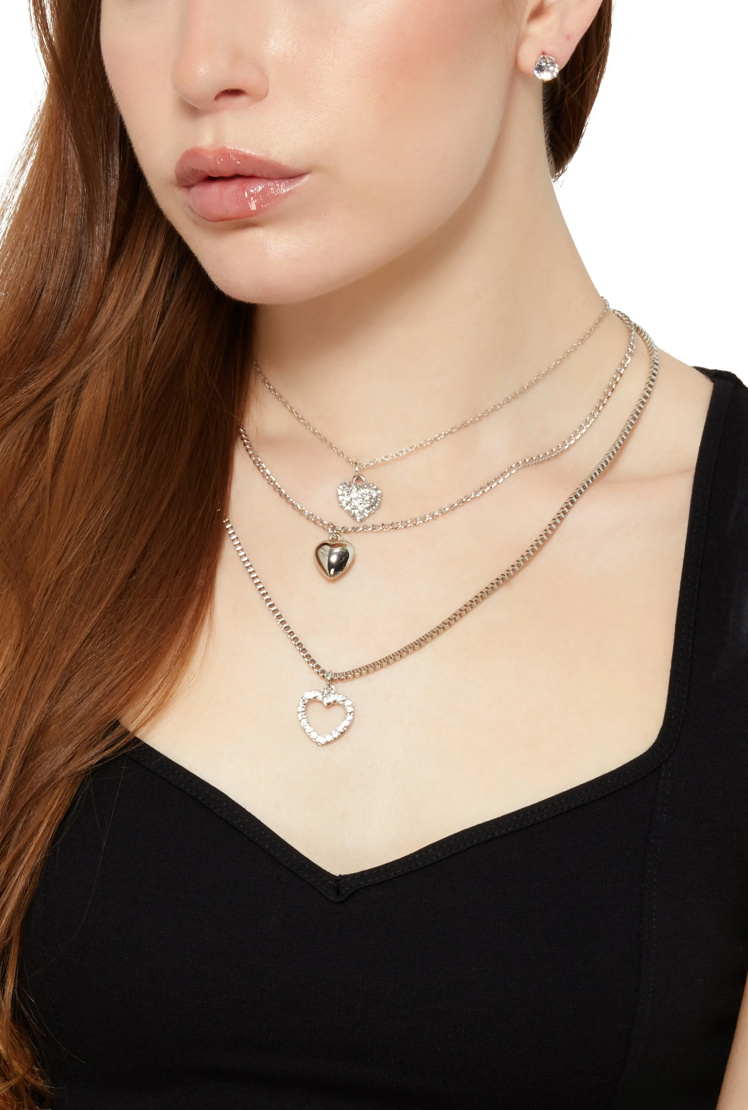 Heart Charm Layered Necklace with Stud Earring Trio sold by Rainbow product image thumbnail 2