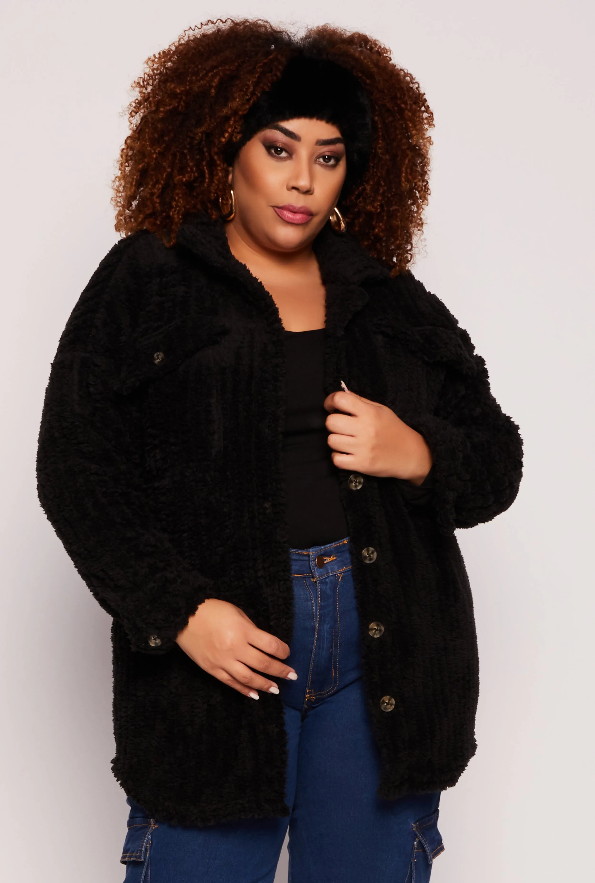 Plus Size Sherpa Button Front Shacket sold by Rainbow