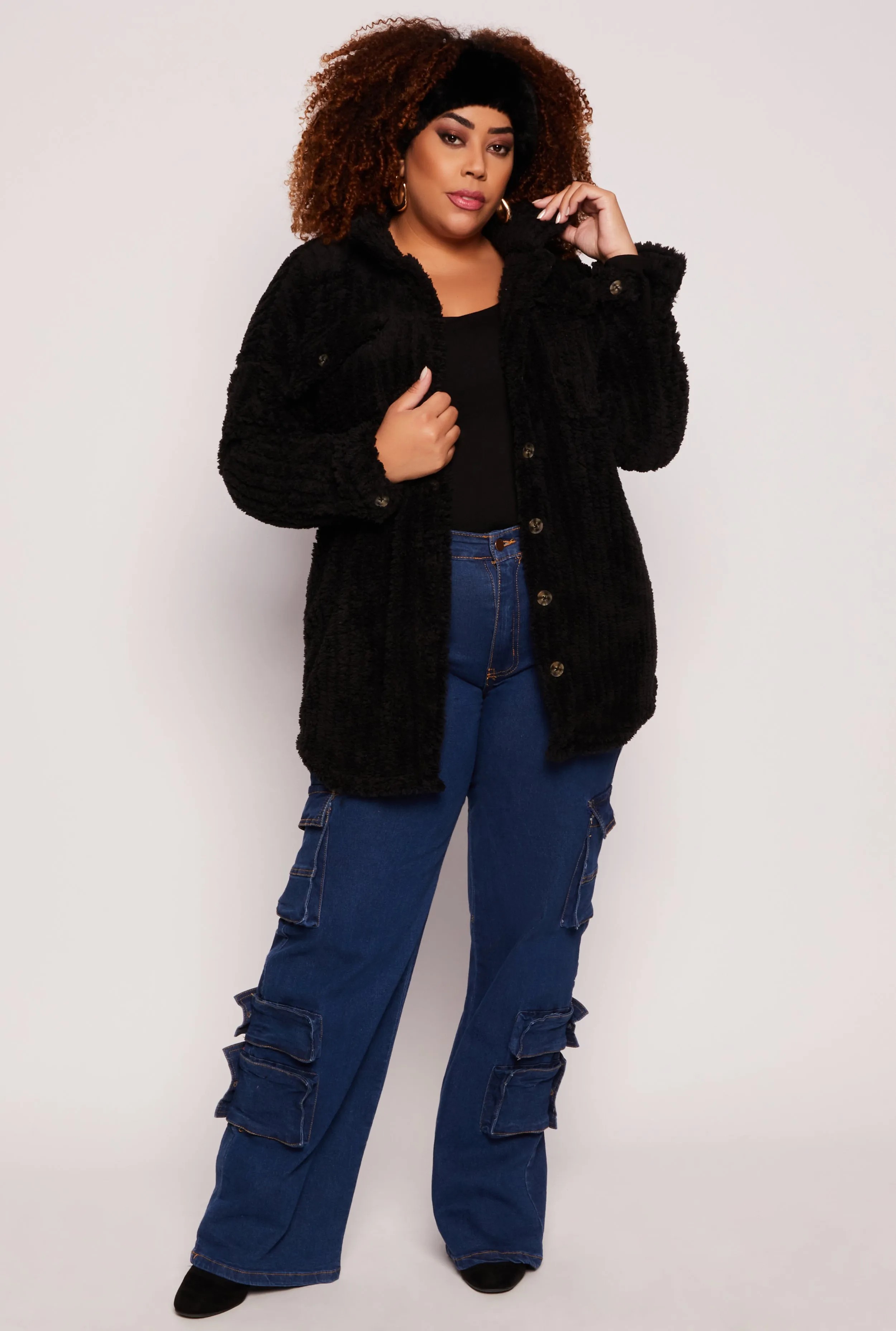 Plus Size Sherpa Button Front Shacket sold by Rainbow product image thumbnail 2