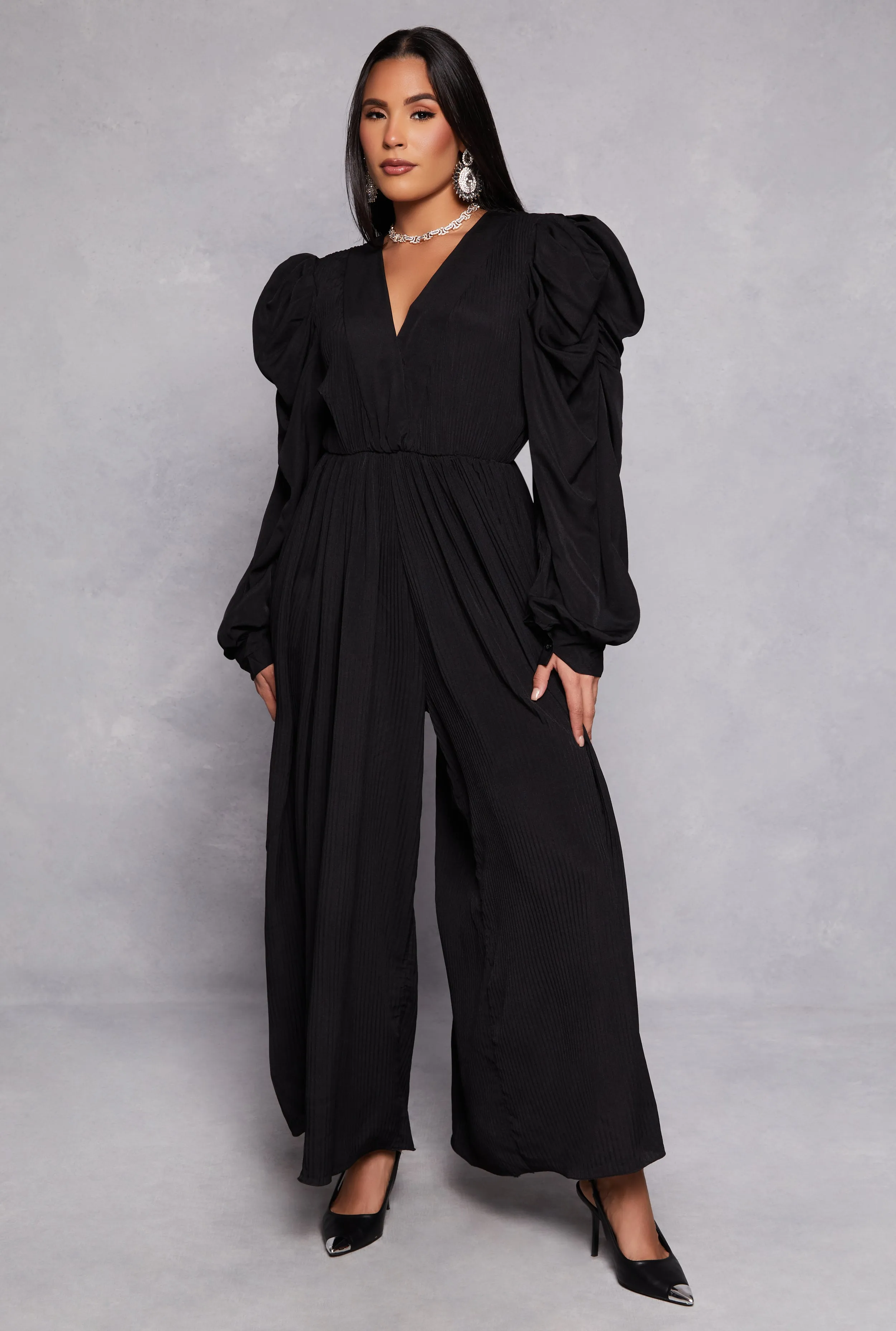 Plisse Puff Sleeve Wide Leg Jumpsuit sold by Rainbow