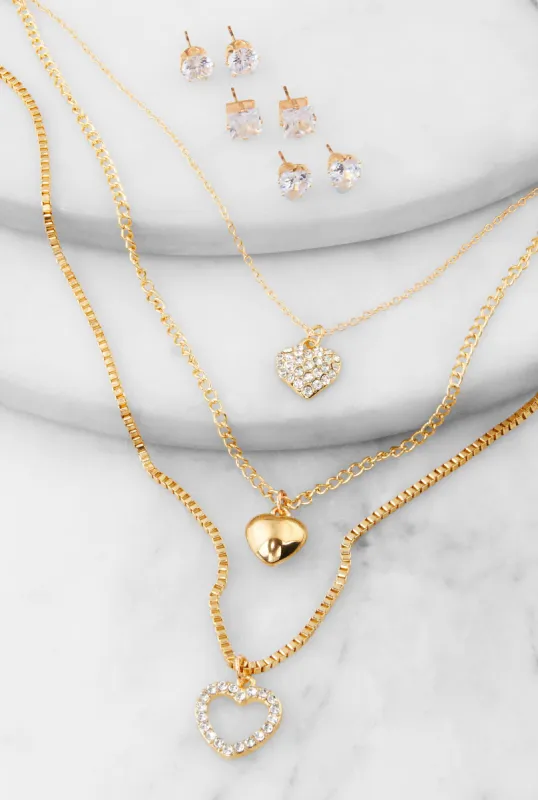 Heart Charm Layered Necklace with Stud Earring Trio sold by Rainbow