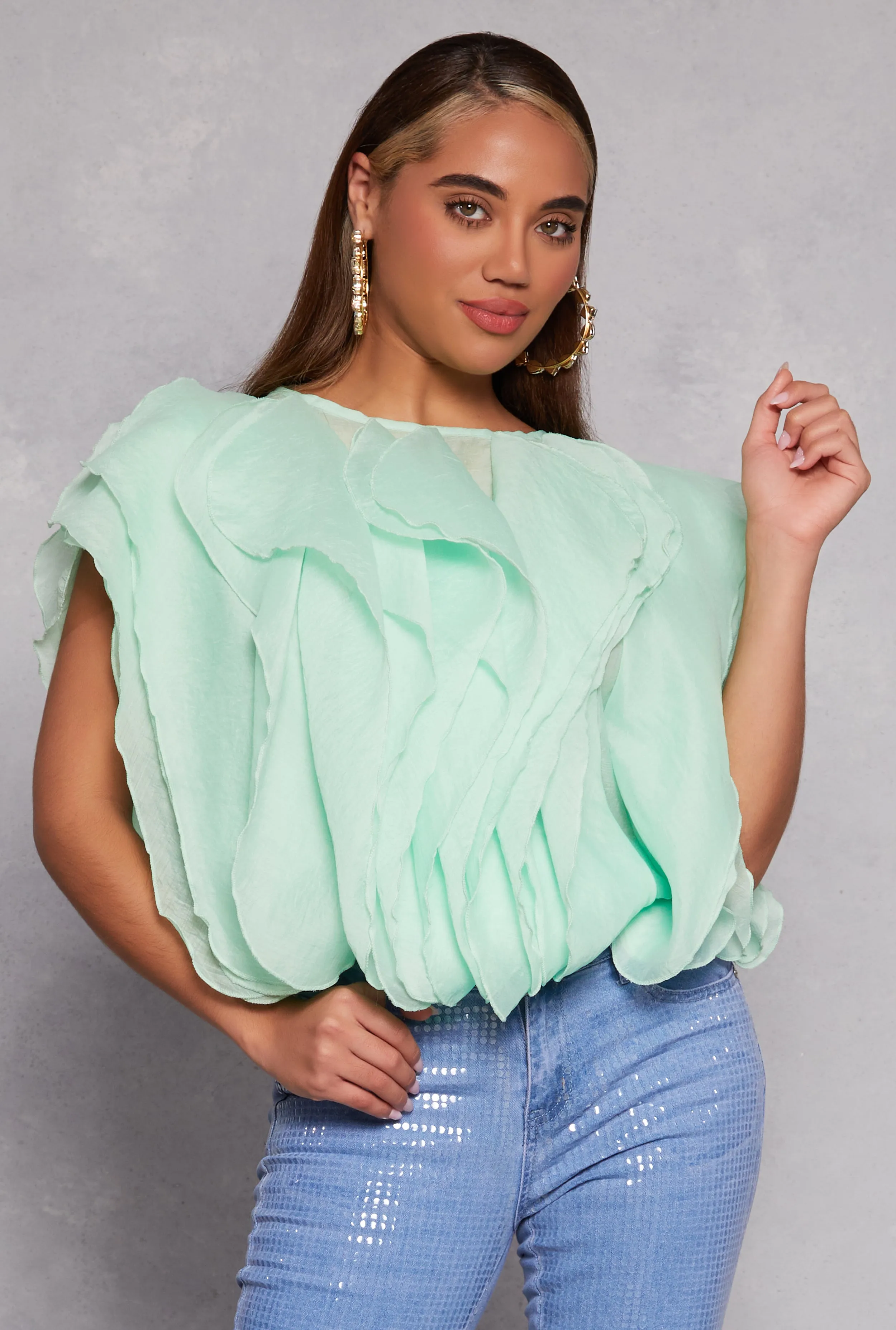 Organza Ruffled Tie Back Keyhole Blouse sold by Rainbow