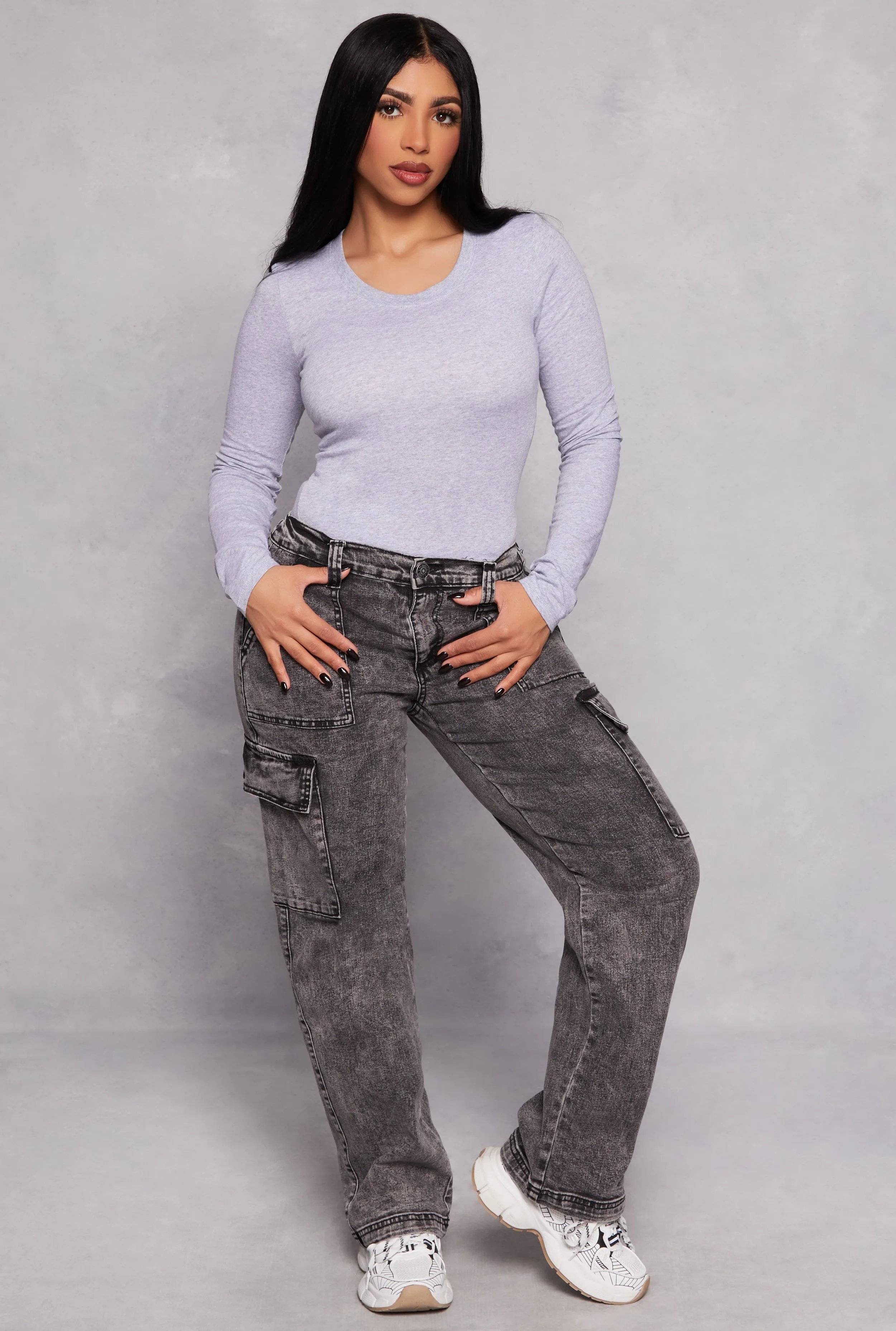 Madden Girl Acid Wash Cargo Jeans sold by Rainbow