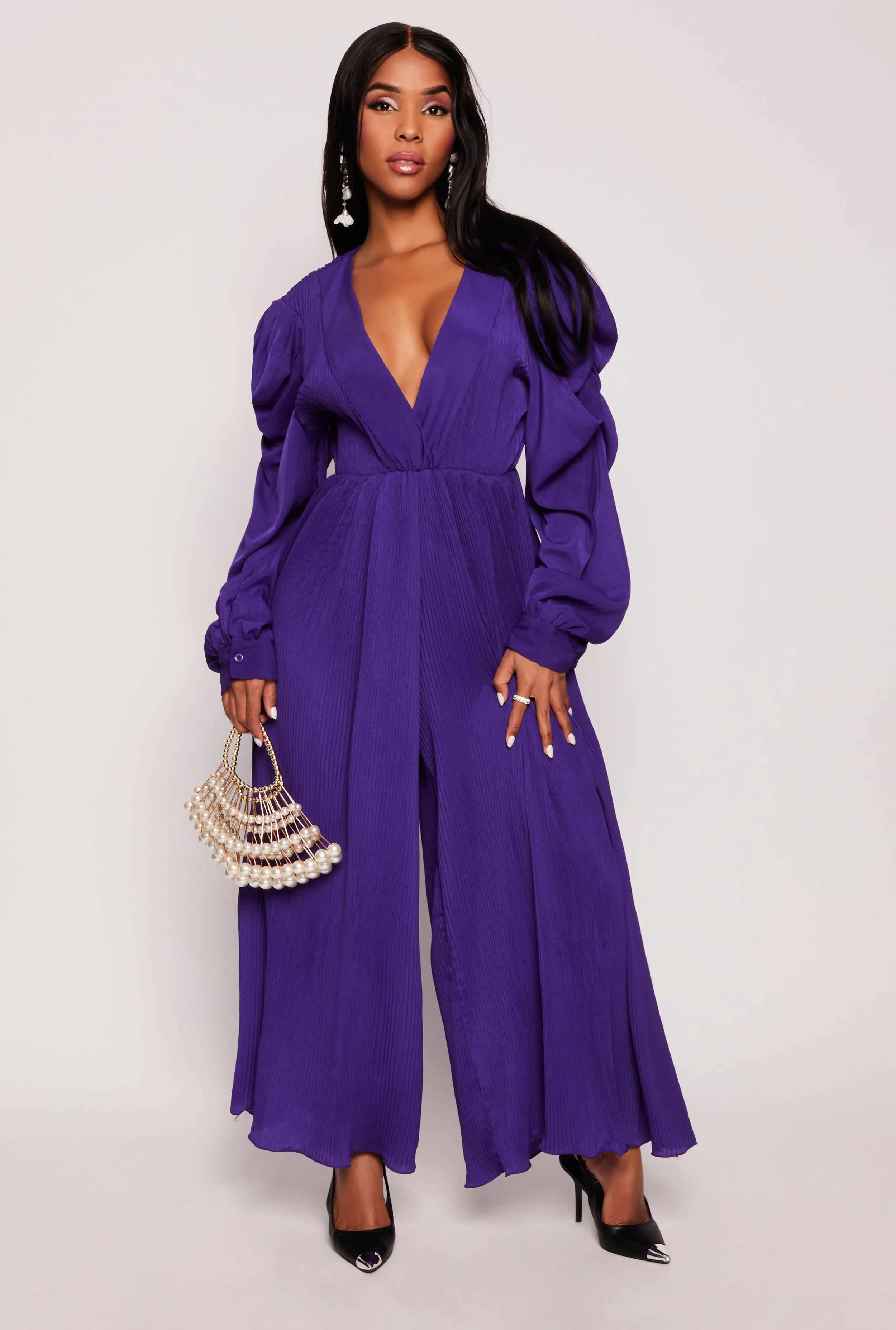 Plisse Puff Sleeve Wide Leg Jumpsuit sold by Rainbow
