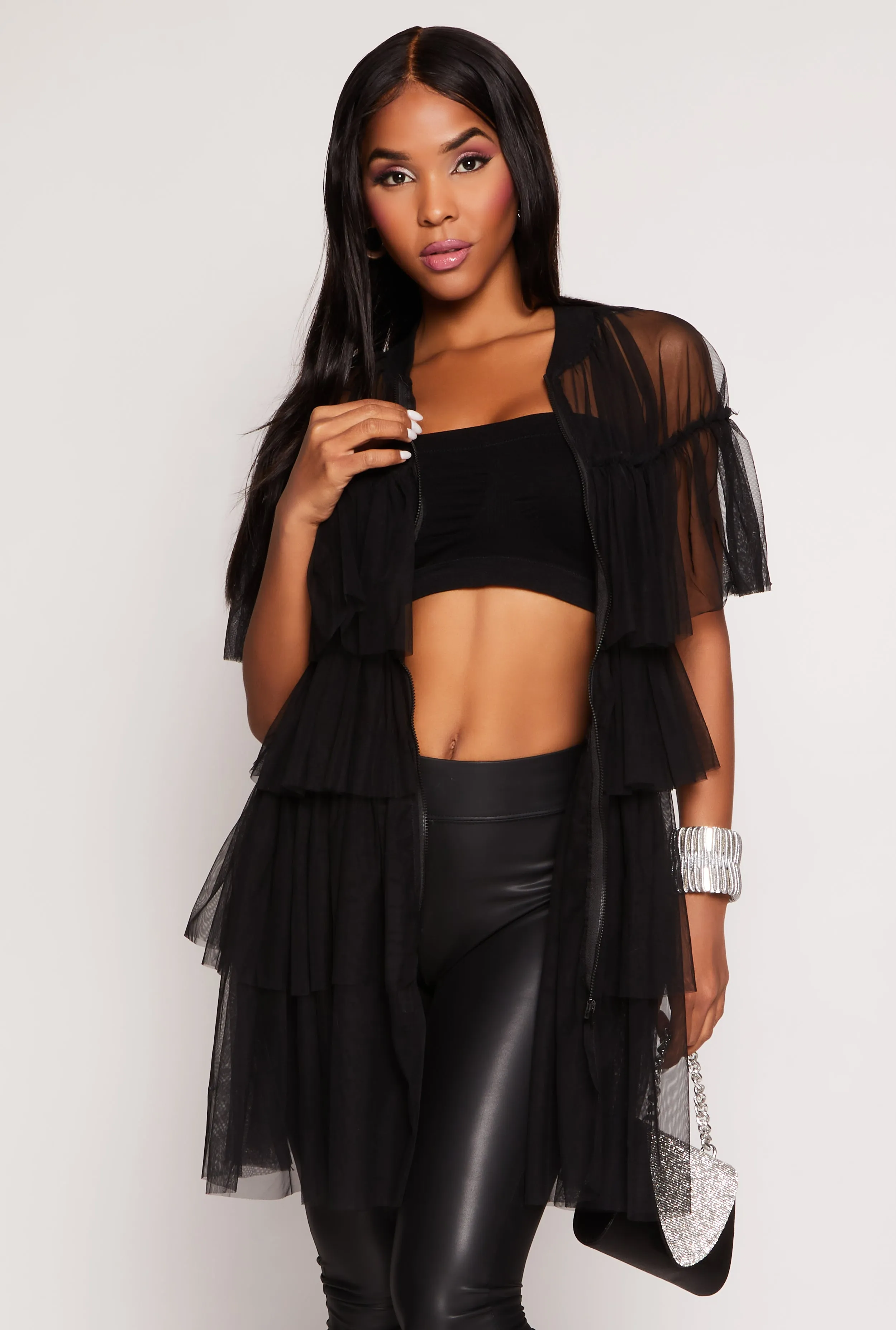 Mesh Tiered Zip Front Blouse sold by Rainbow