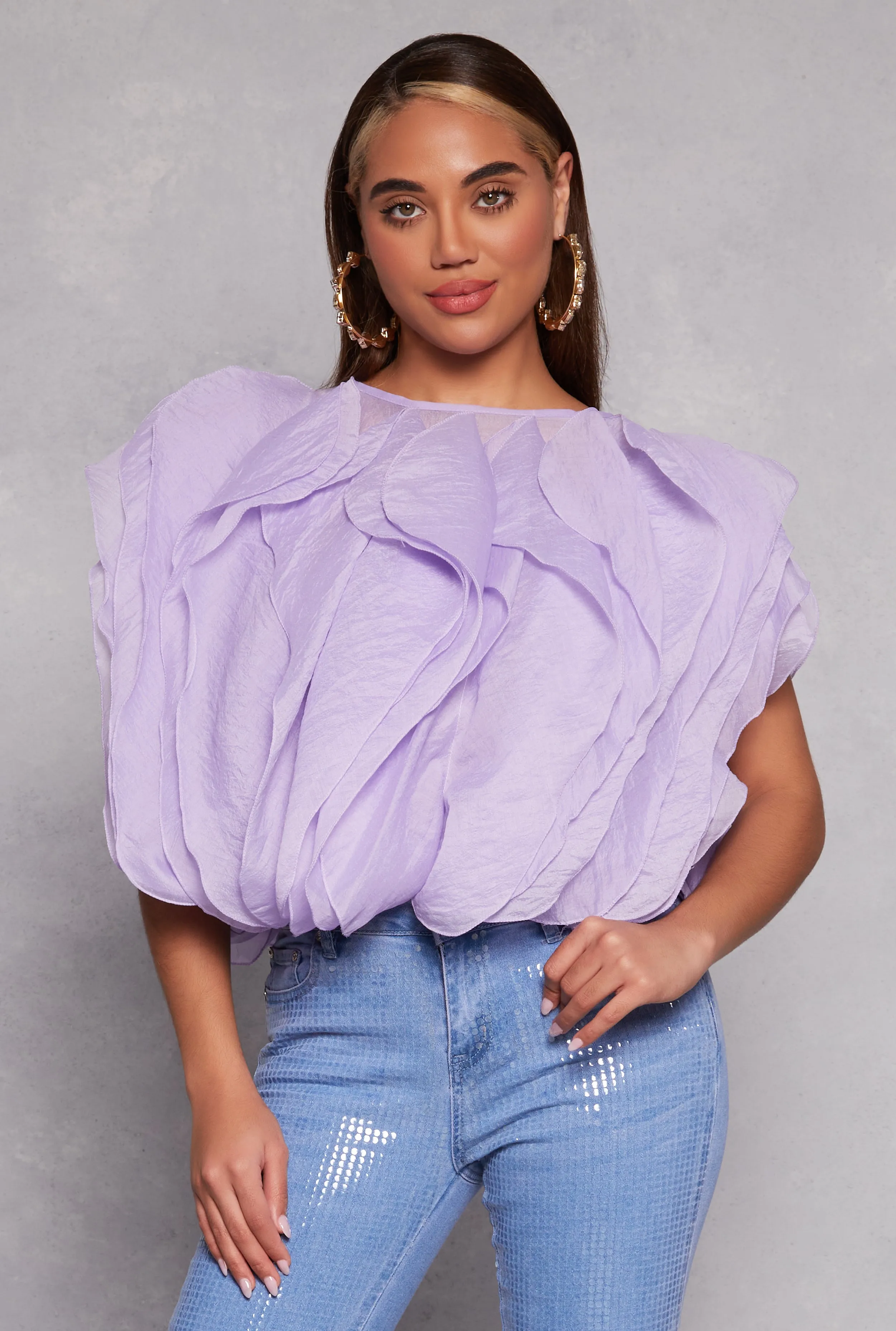 Organza Ruffled Tie Back Keyhole Blouse sold by Rainbow