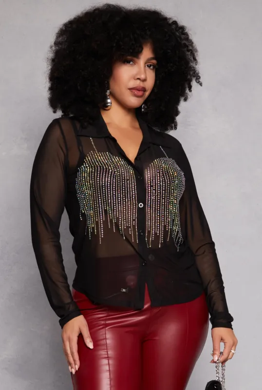Plus Size Rhinestone Mesh Button Front Shirt sold by Rainbow
