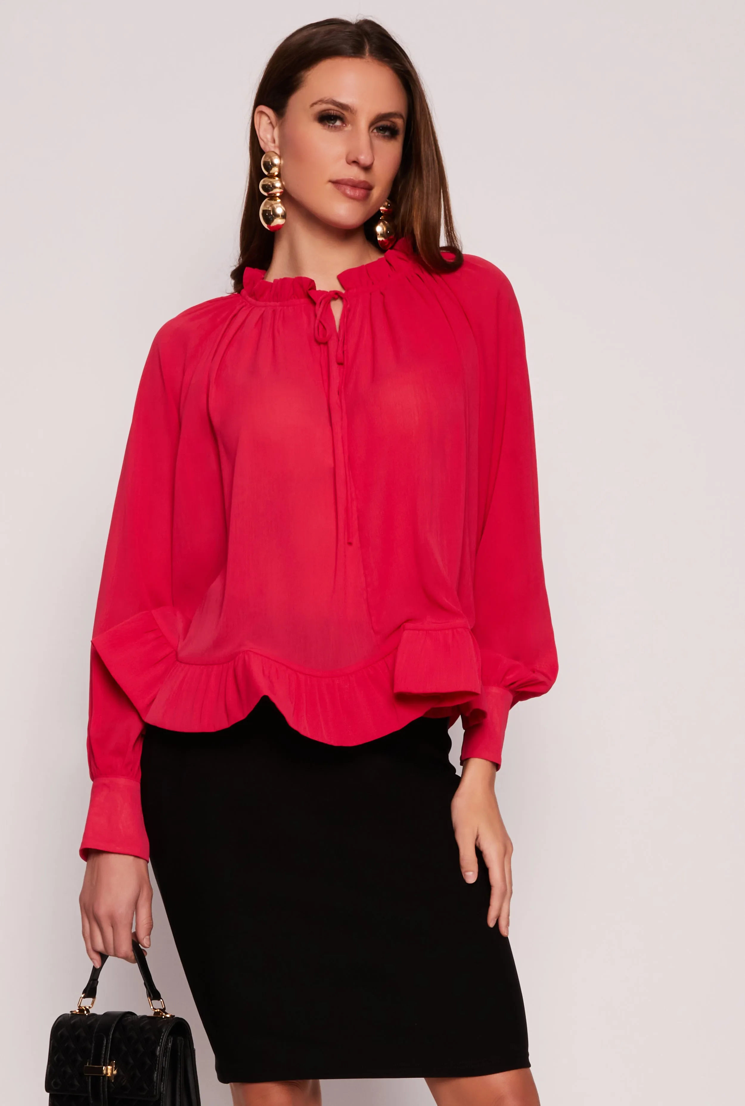 Chiffon Tie Keyhole Long Sleeve Blouse sold by Rainbow
